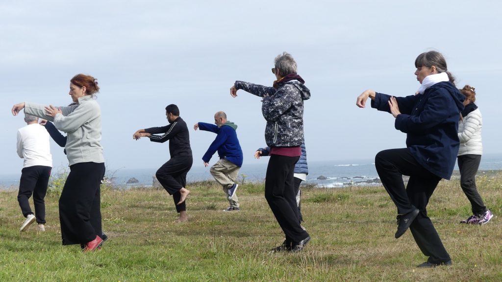 Un groupe de pratiquants de Taichi-Chuan devant la mer à Porspoder en Bretagne au cours d'un stage Qigong Tai chi en juillet 2017